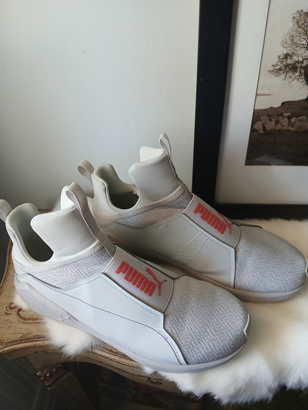 Puma Slip-On Sneakers in Light Gray with Coral Accents